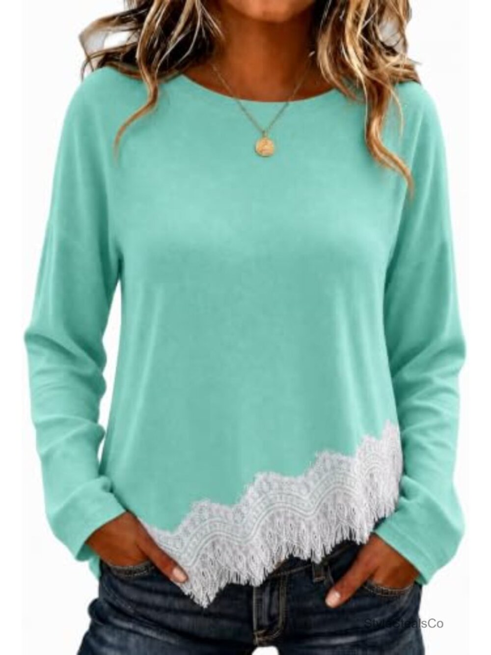 Women Long Sleeve Cotton T-Shirt Asymmetrical Lace Hem Oversized Fall Top